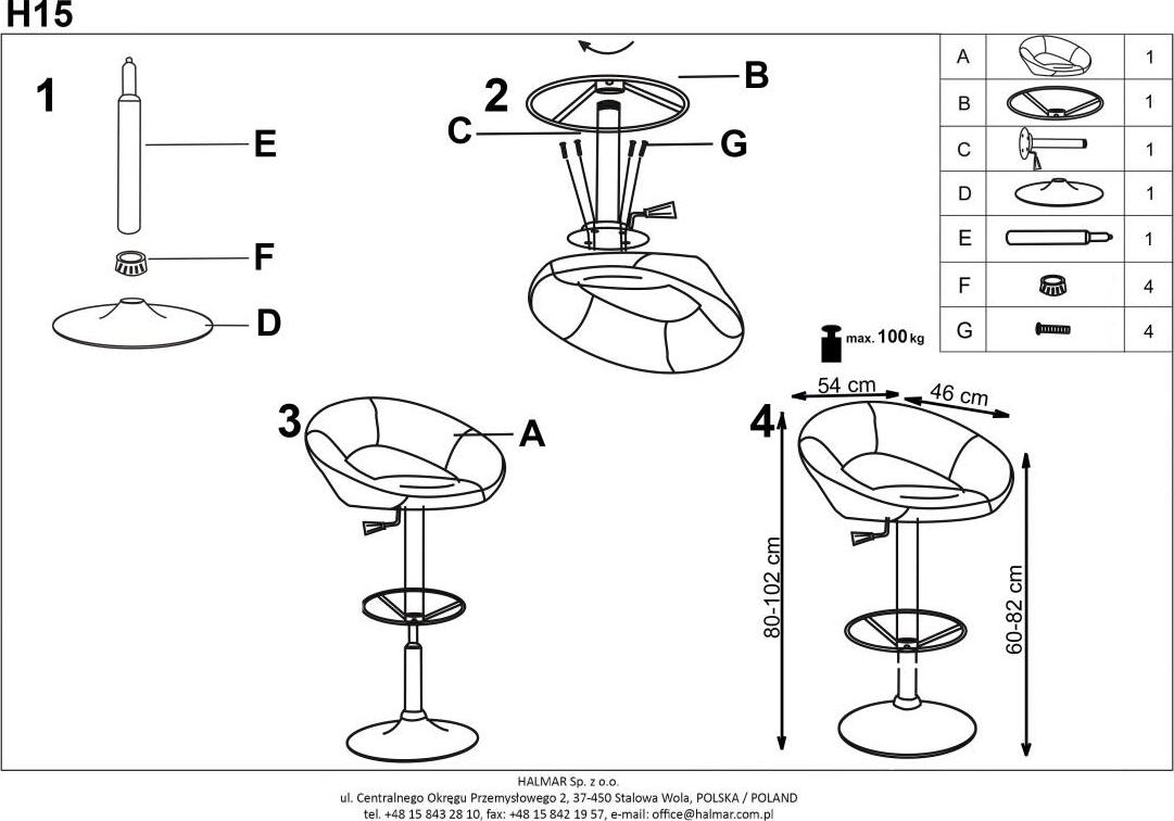 Bar Stool Potenza | size: Length: 46cm, Width: 54cm, Height: 80-102cm, Depth: 46cm | color: White | image: 7 | variant: 1003036