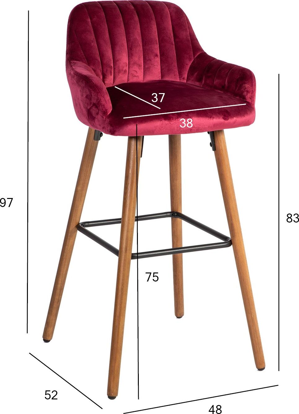 Bar Stool Sevenoaks | size: Length: 52cm, Width: 48cm, Height: 97cm, Depth: 52cm | color: Red | image: 2 | variant: 1001305