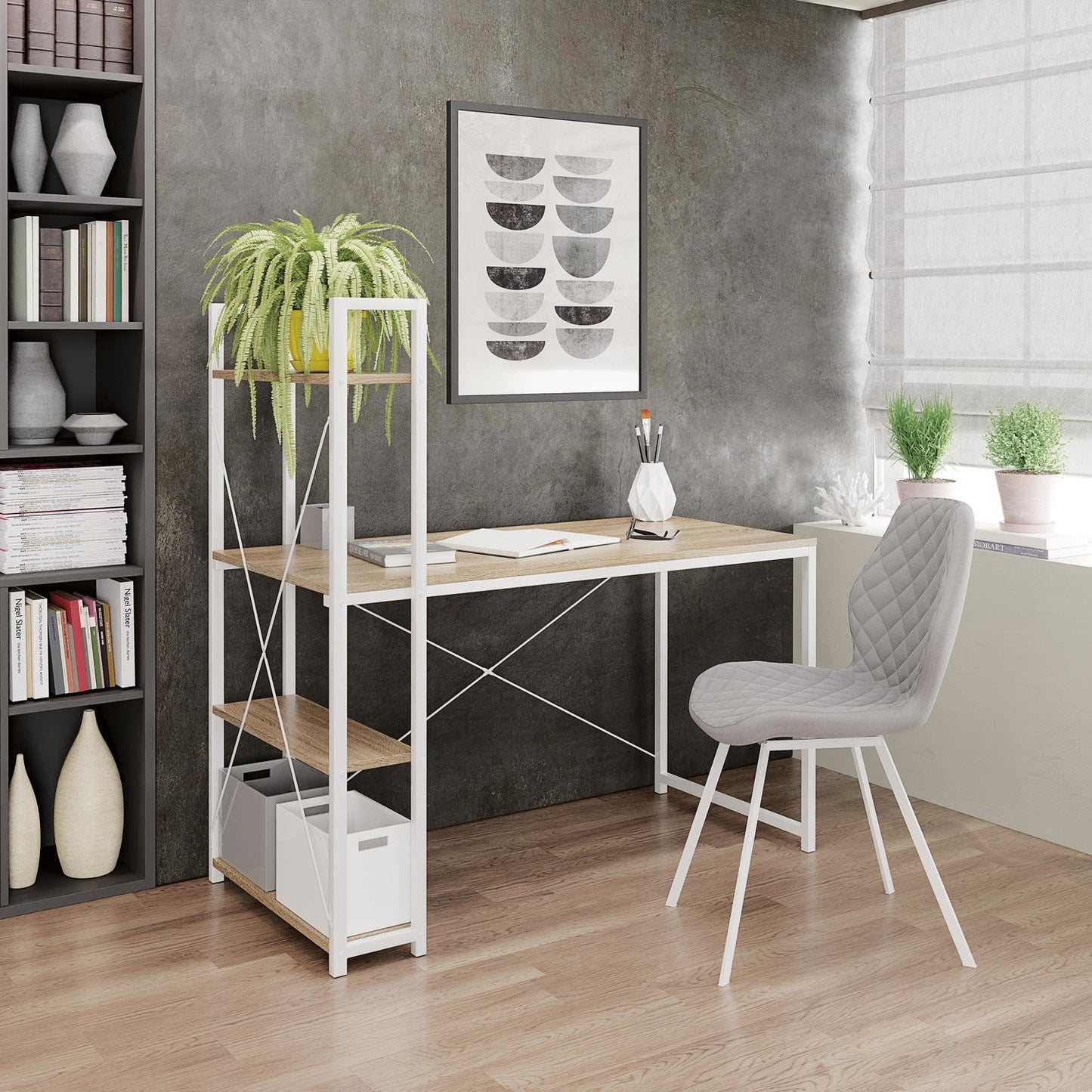 Desk Dublin | size: Length: 64cm, Width: 120cm, Height: 120cm | color: White/Oak | image: 4 | variant: 1003249
