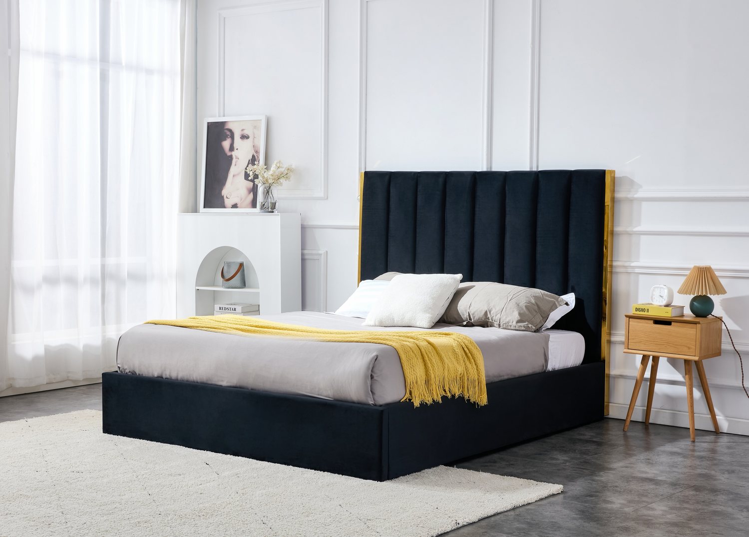 Double Bed Manchester | size: Length: 214cm, Width: 171cm, Height: 33cm | color: Black/Gold | image: 3 | variant: 1003386