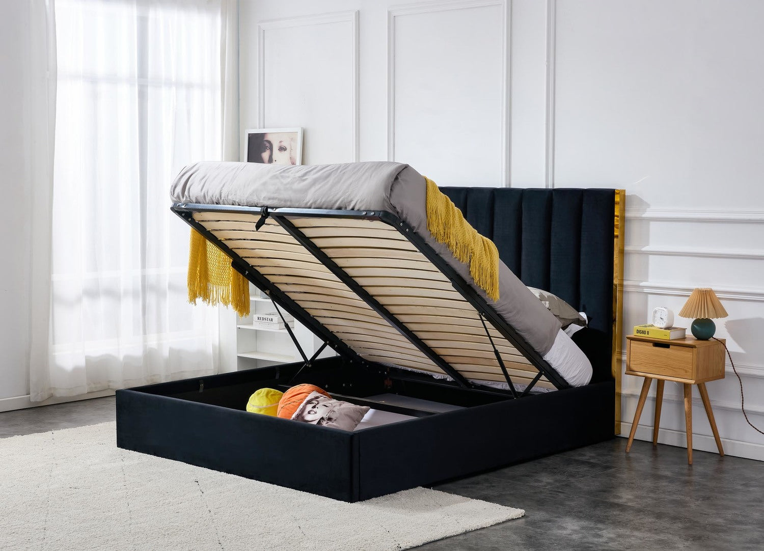 Double Bed Manchester | size: Length: 214cm, Width: 171cm, Height: 33cm | color: Black/Gold | image: 4 | variant: 1003386