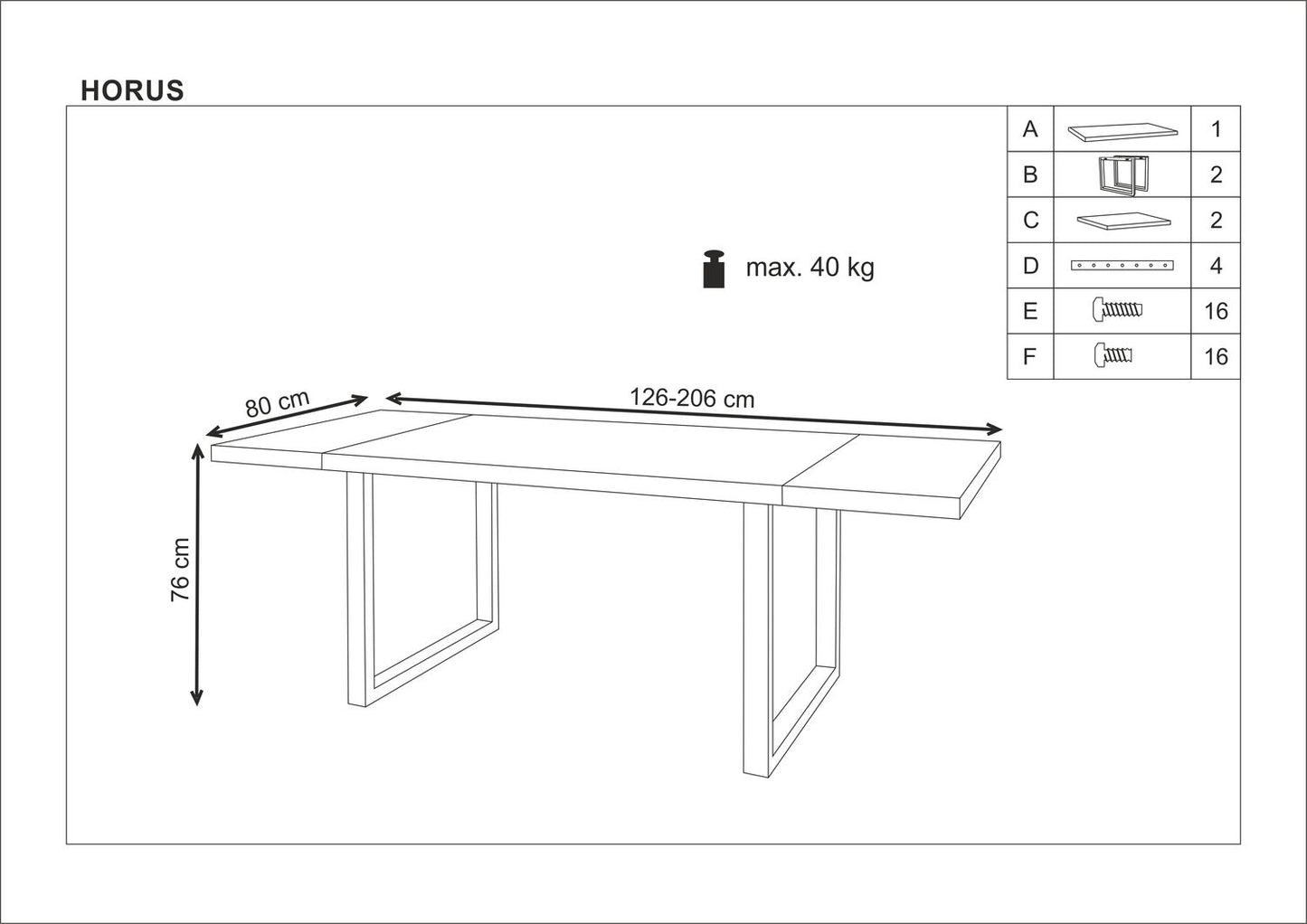Kitchen Table Horus | size: Length: 80cm, Width: 206cm, Height: 76cm | color: Black/Oak | image: 10 | variant: 1011275