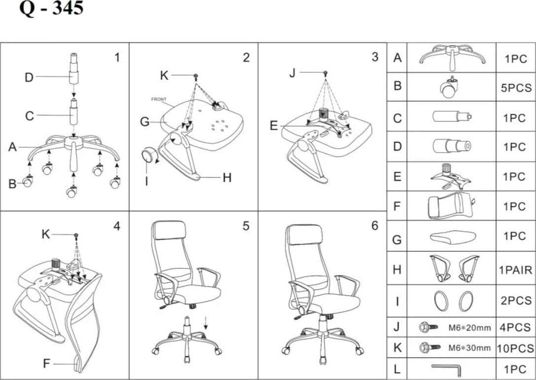 Office Chair Q-345 | size: Width: 62cm, Height: 118-128cm, Depth: 49cm | color: Black | image: 6 | variant: 1005432