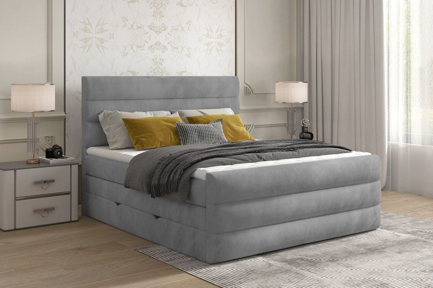 Continental Double Bed East Madrid 1 | size: Length: 220cm, Width: 160cm, Height: 133cm | color: Gray | image: 1 | variant: 1012398