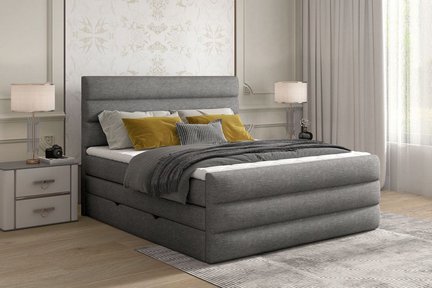 Continental Double Bed East Madrid 2 | size: Length: 220cm, Width: 180cm, Height: 133cm | color: Sawana | image: 1 | variant: 1012409