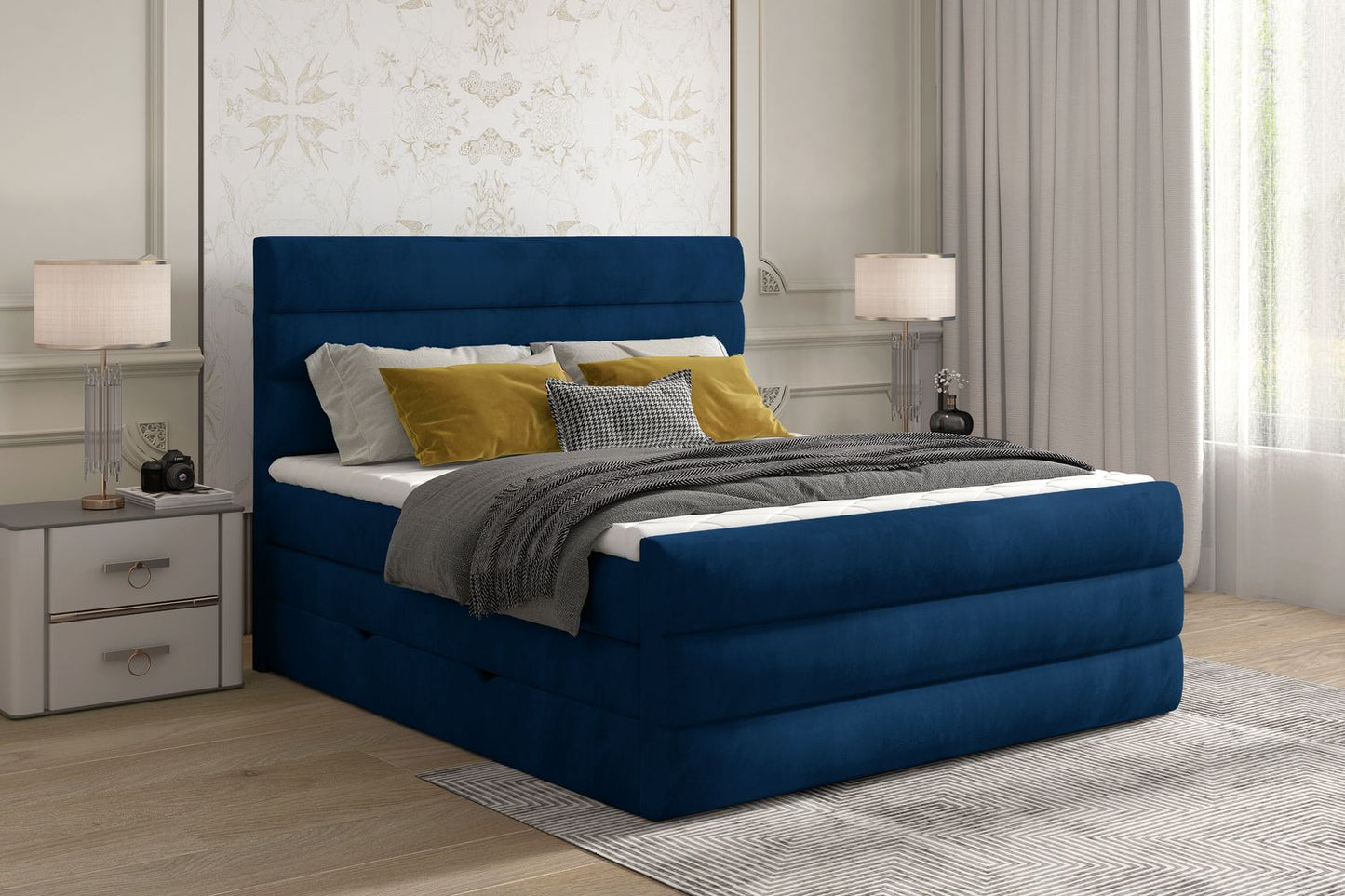 Continental Double Bed East Madrid | size: Length: 220cm, Width: 140cm, Height: 133cm | color: Blue | image: 1 | variant: 1012369