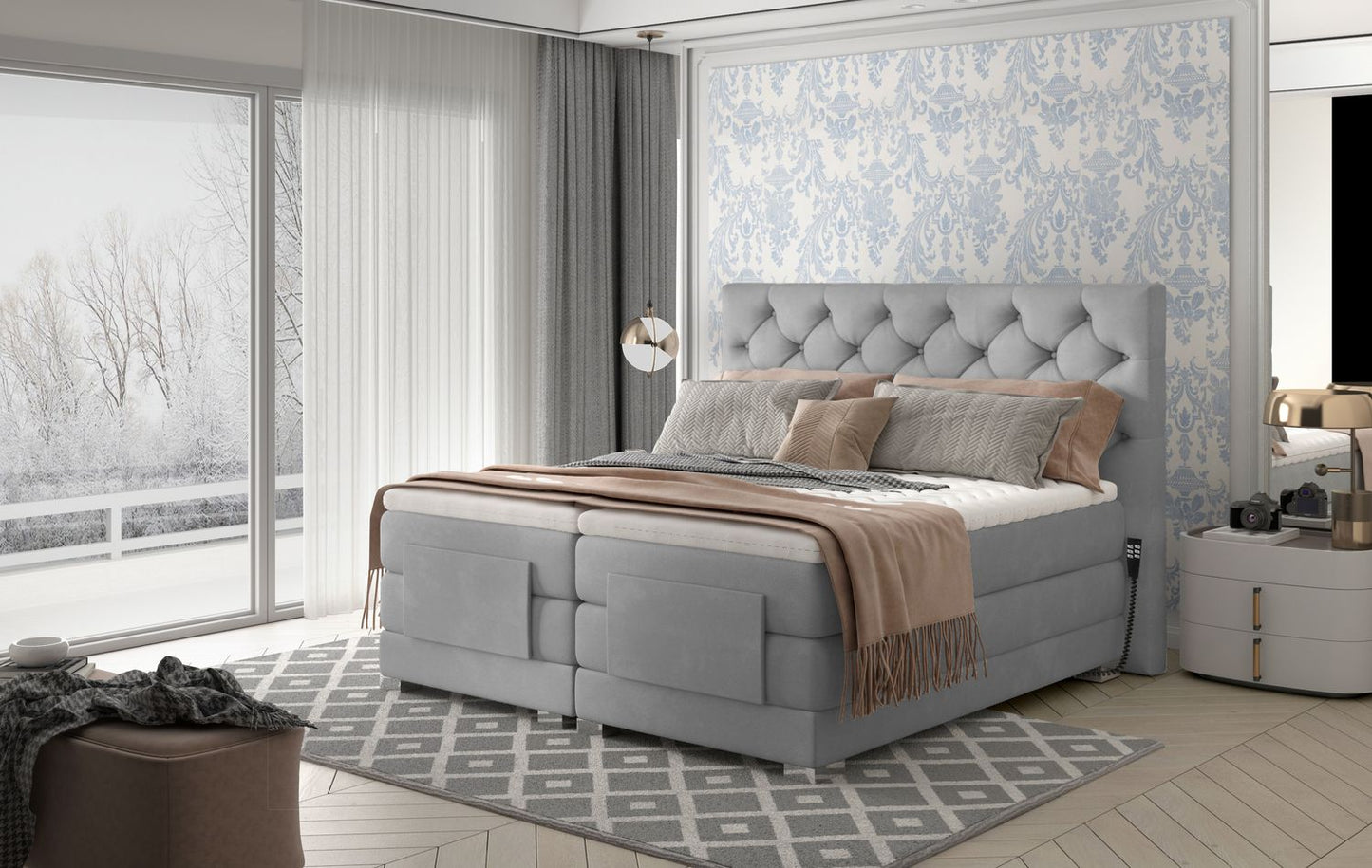 Continental Double Bed Sunderland 1 | size: Length: 217cm, Width: 178cm, Height: 130cm | color: Gray | image: 1 | variant: 1012583