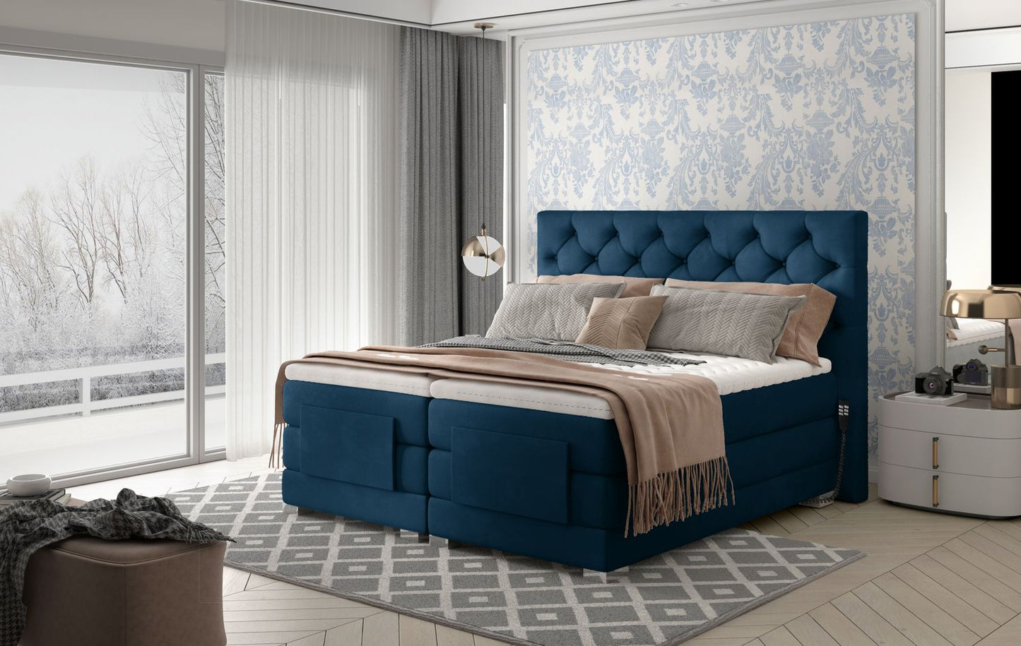 Continental Double Bed Sunderland | size: Length: 217cm, Width: 158cm, Height: 130cm | color: Blue | image: 1 | variant: 1012564