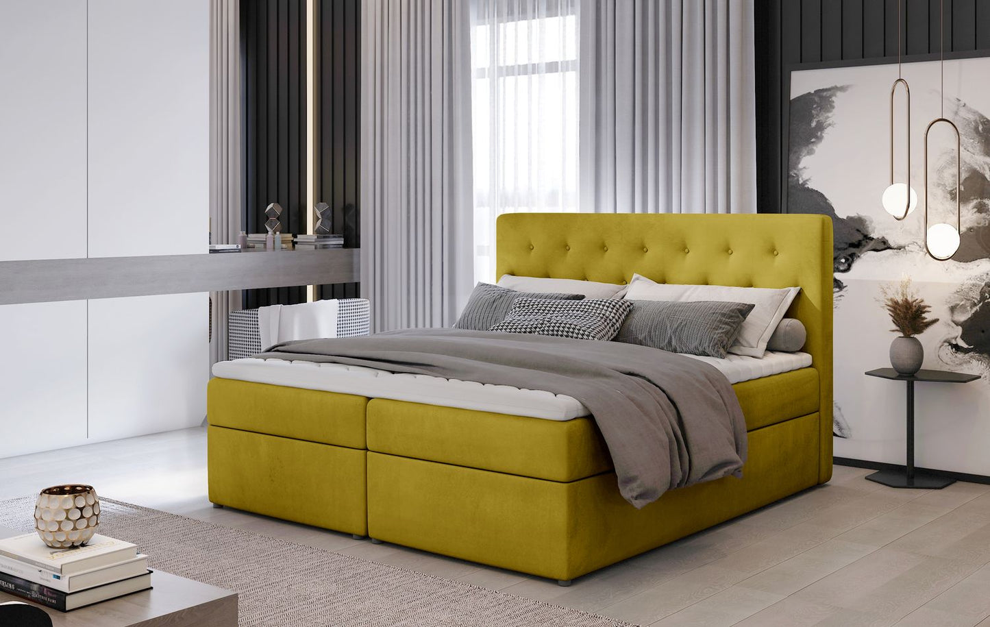 Continental Double Bed West Lugano 1 | size: Length: 215cm, Width: 160cm, Height: 115cm | color: Yellow | image: 1 | variant: 1012949
