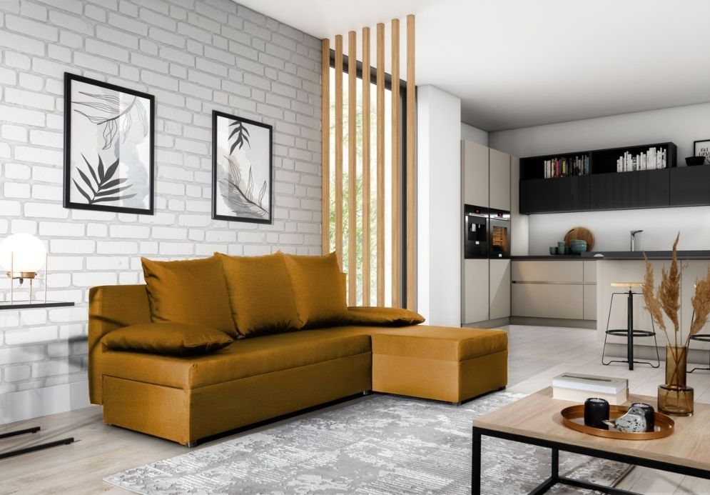 Corner Sleeper Sofa Exeter | size: Width: 206cm, Height: 90cm, Depth: 146cm | color: Yellow | image: 0 | variant: 1008878