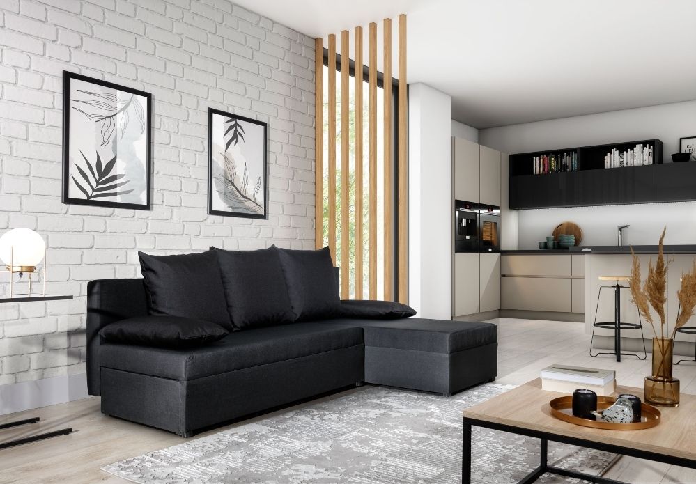 Corner Sleeper Sofa Gino | size: Width: 206cm, Height: 90cm, Depth: 146cm | color: Black | image: 0 | variant: 1001158