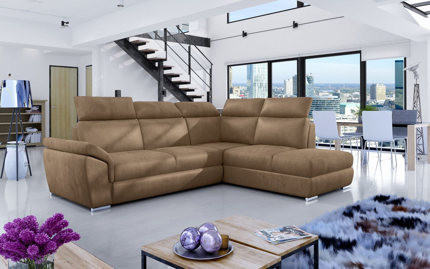 Corner Sleeper Sofa Loreto 5 | size: Width: 260cm, Height: 102cm, Depth: 60cm | color: Beige | image: 1 | variant: 1015894