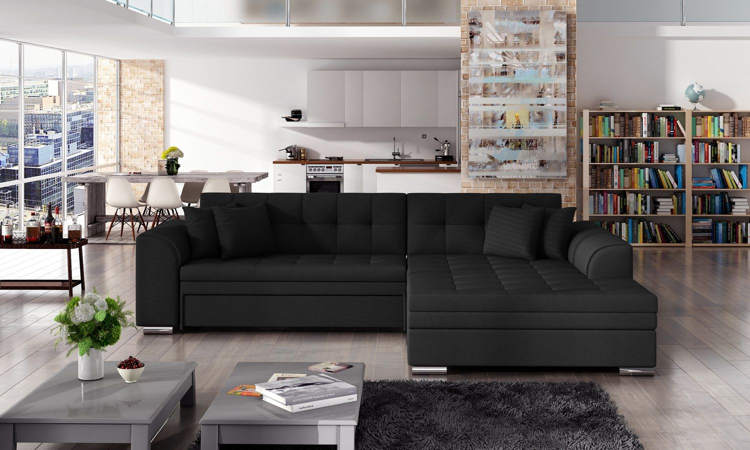 Corner Sleeper Sofa Sorento 4 | size: Width: 296cm, Height: 78cm, Depth: 194cm | color: Black | image: 1 | variant: 1014017