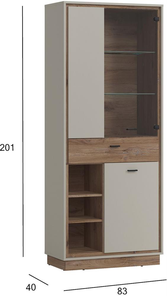 Display Cabinet East Prague | size: Length: 40cm, Width: 83cm, Height: 201cm | color: Oak/Grey | image: 3 | variant: 1006075