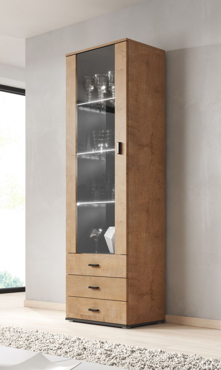 Display Cabinet West Crowborough | size: Width: 60cm, Height: 192cm, Depth: 41cm | color: Black/Oak | image: 0 | variant: 1007250