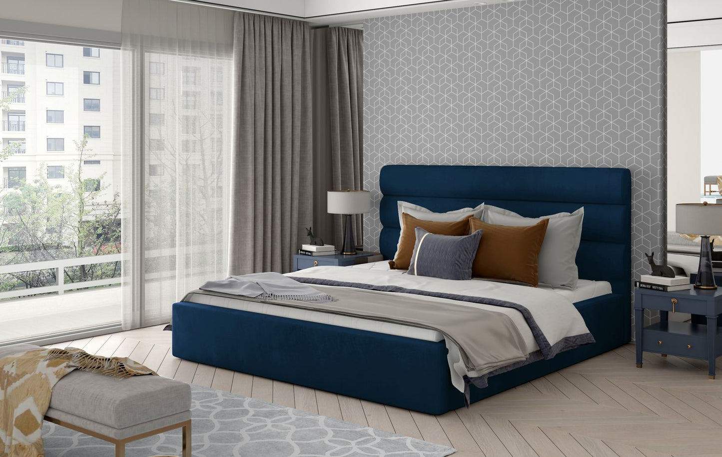 Double Bed East Fishguard 2 | size: Length: 223cm, Width: 200cm, Height: 93cm | color: Blue | image: 1 | variant: 1010815