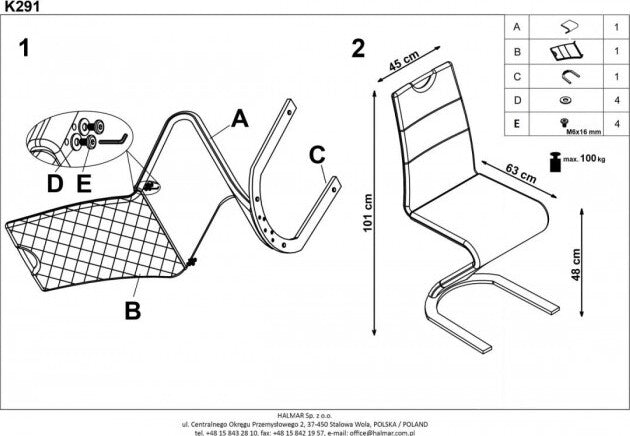 Kitchen Chair K291 | size: Width: 45cm, Height: 101cm, Depth: 63cm | color: White | image: 8 | variant: 1003115