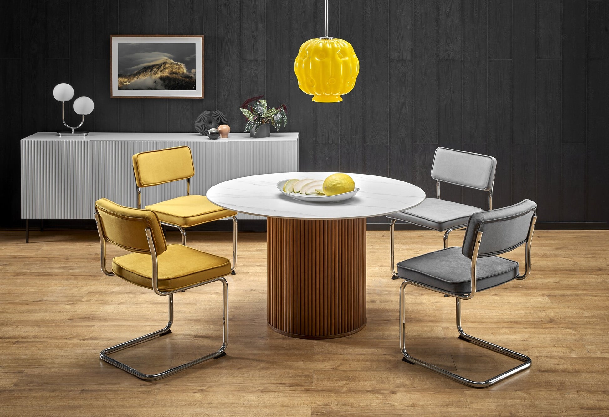 Kitchen Table Bruno | size: Length: 120cm, Width: 120cm, Height: 76cm, Diameter: 120cm | color: White/Marble/Walnut | image: 1 | variant: 1013010