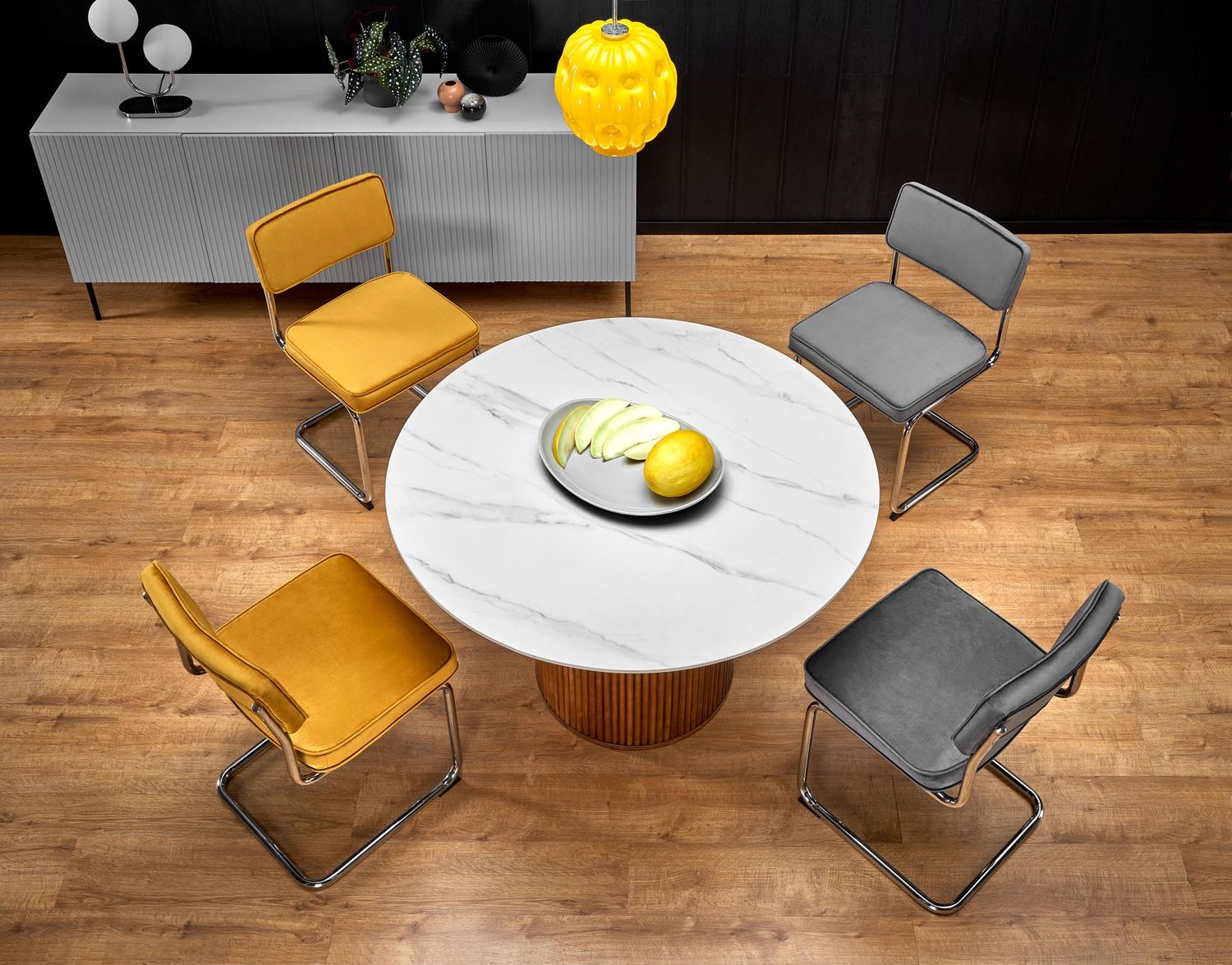 Kitchen Table Bruno | size: Length: 120cm, Width: 120cm, Height: 76cm, Diameter: 120cm | color: White/Marble/Walnut | image: 2 | variant: 1013010