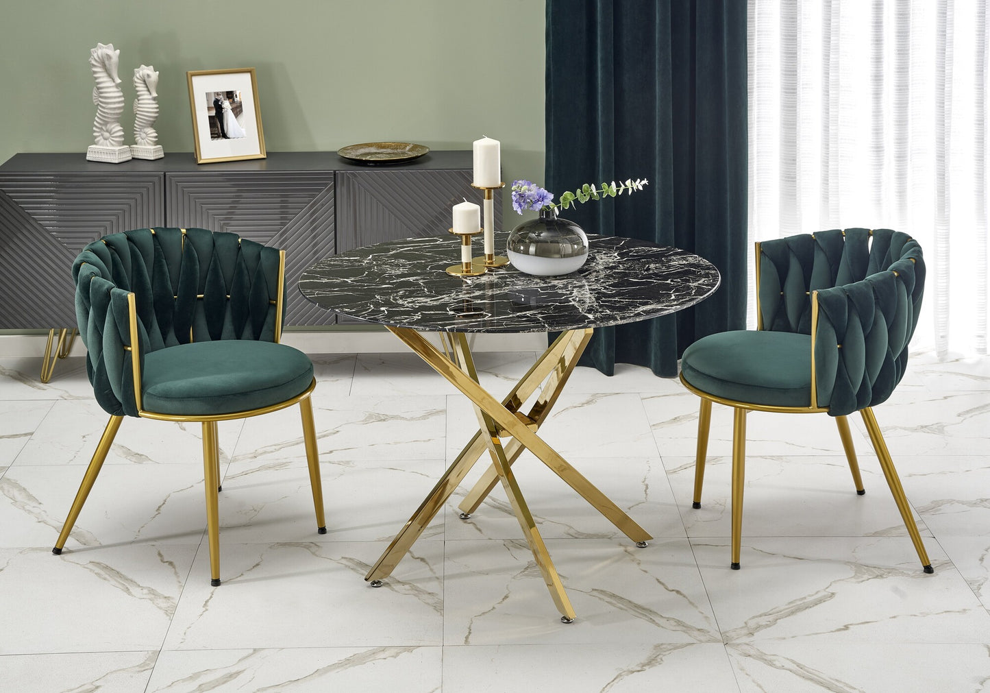 Kitchen Table Chennai | size: Length: 100cm, Width: 100cm, Height: 73cm, Diameter: 100cm | color: Marble/Black/Gold | image: 1 | variant: 1003206