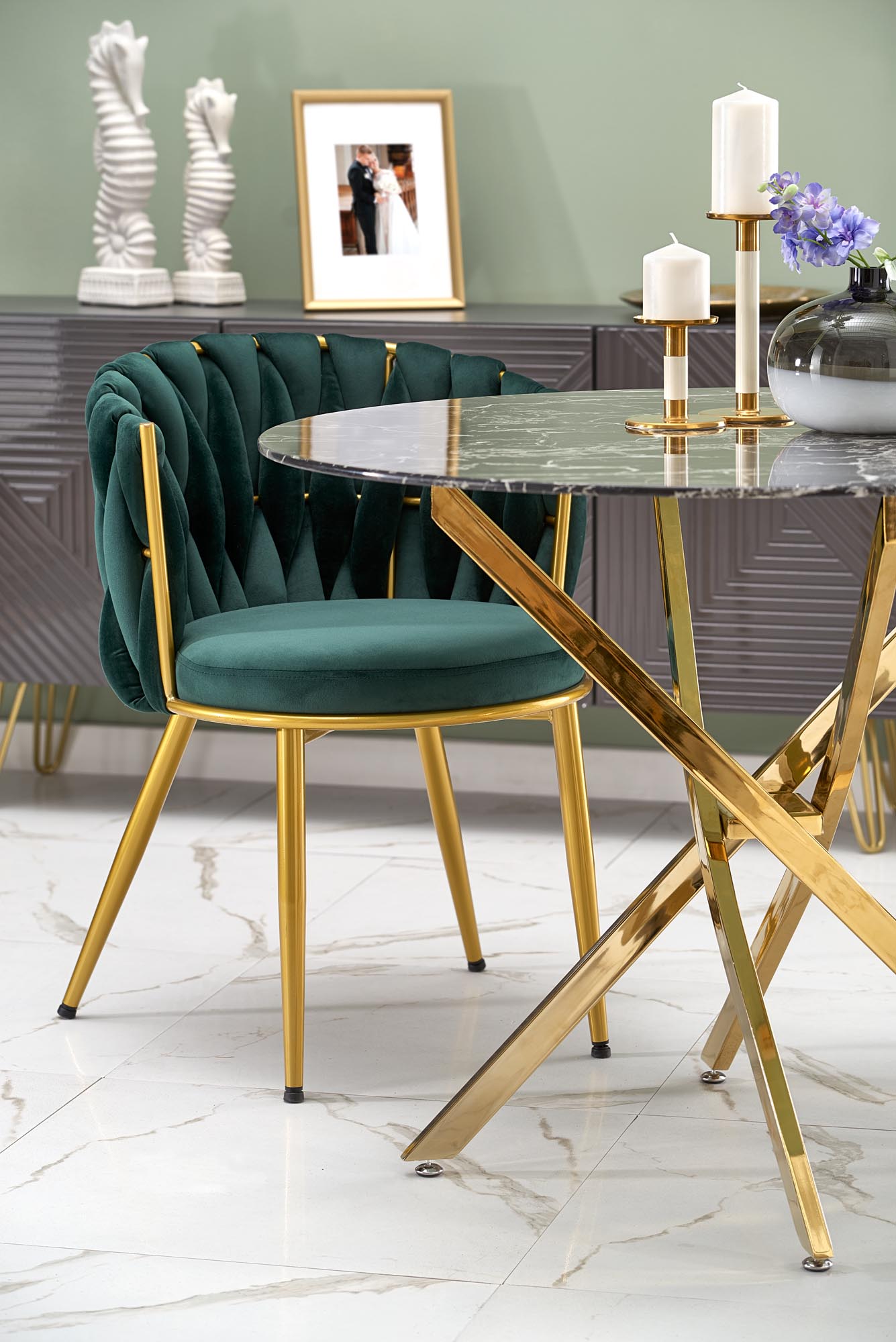 Kitchen Table Chennai | size: Length: 100cm, Width: 100cm, Height: 73cm, Diameter: 100cm | color: Marble/Black/Gold | image: 2 | variant: 1003206