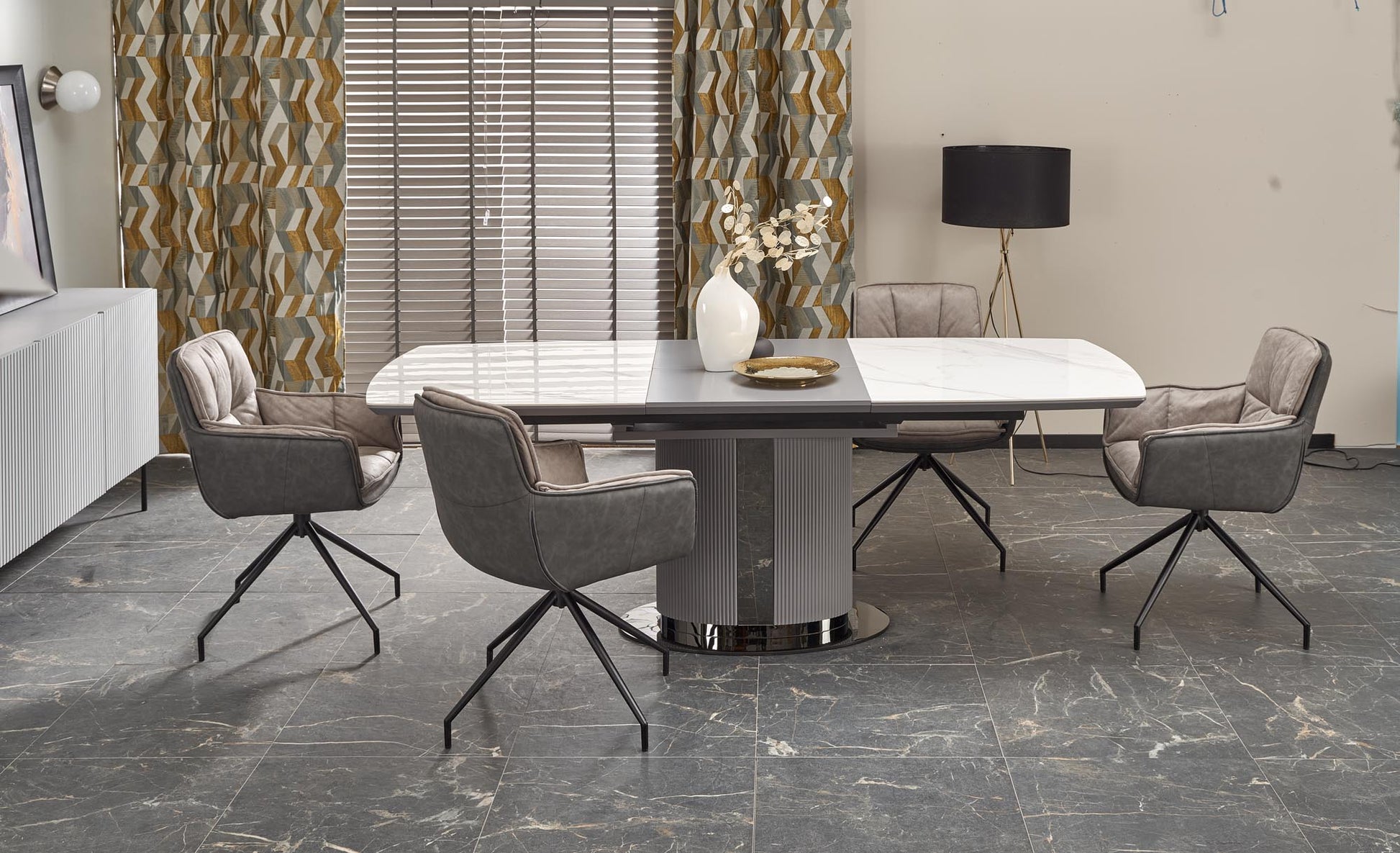 Kitchen Table Dancan | size: Length: 90cm, Width: 220cm, Height: 76cm | color: White/Marble/Grey | image: 3 | variant: 1013012