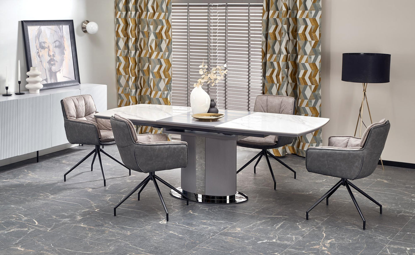 Kitchen Table Dancan | size: Length: 90cm, Width: 220cm, Height: 76cm | color: White/Marble/Grey | image: 4 | variant: 1013012
