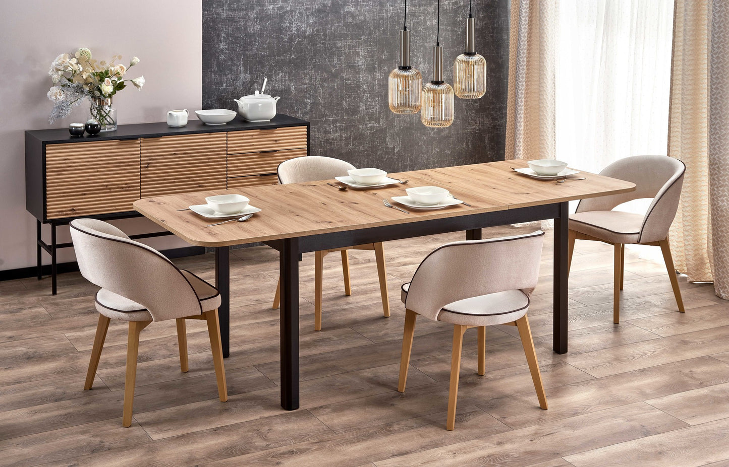 Kitchen Table Florian | size: Length: 90cm, Width: 228cm, Height: 76cm | color: Black/Oak | image: 6 | variant: 1006359