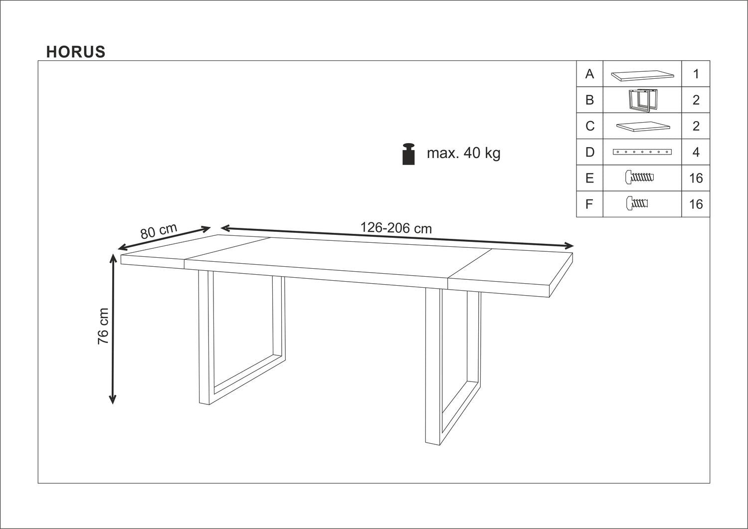 Kitchen Table Horus | size: Length: 80cm, Width: 206cm, Height: 76cm | color: Black/Oak | image: 10 | variant: 1011275