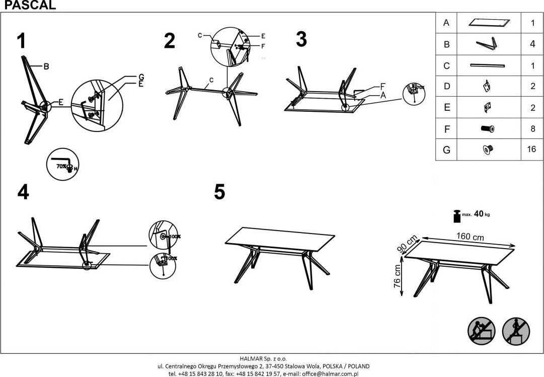 Kitchen Table Pascal | size: Length: 90cm, Width: 160cm, Height: 76cm | color: White | image: 6 | variant: 1011259