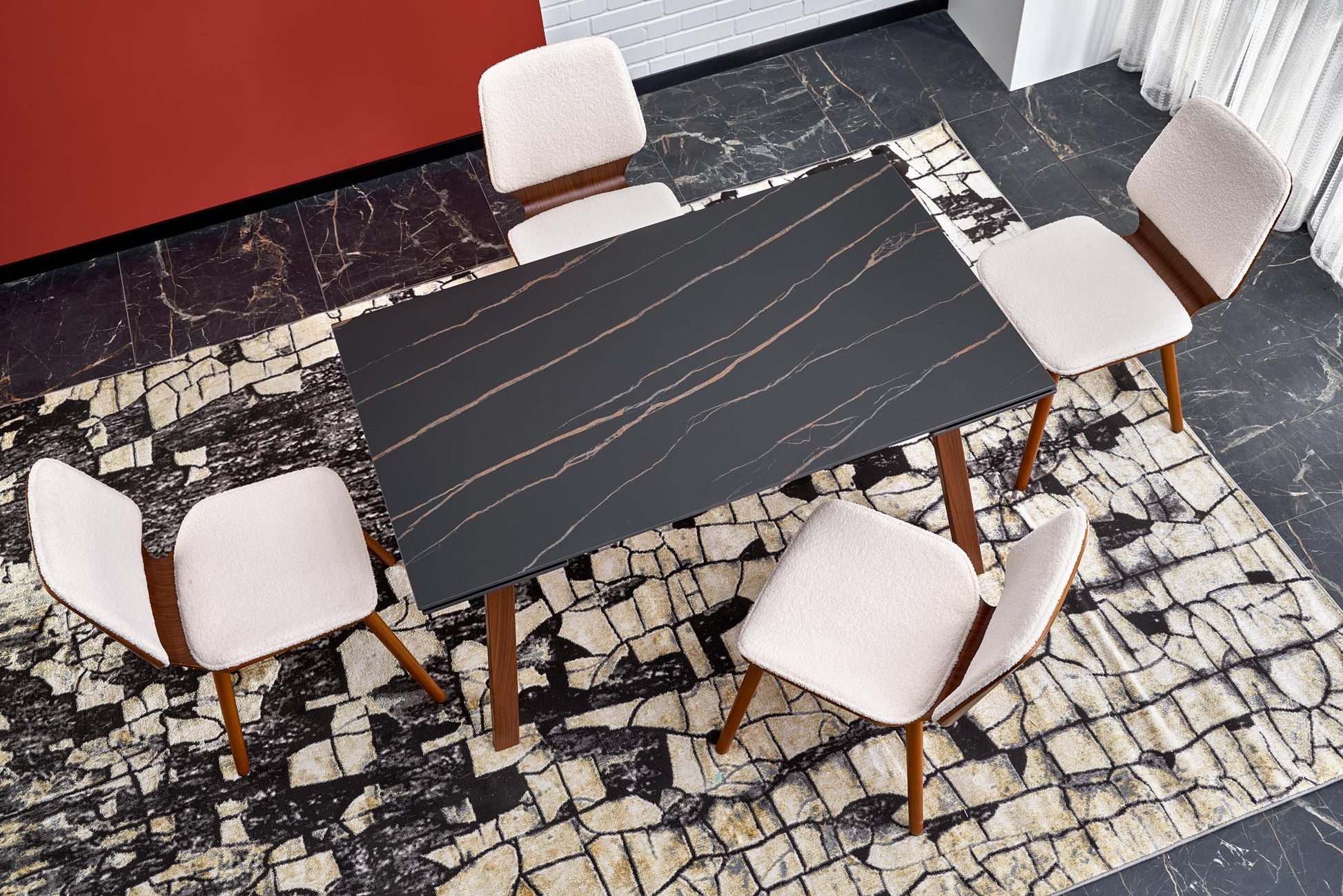 Kitchen Table West Narberth | size: Length: 82cm, Width: 200cm, Height: 76cm | color: Marble/Black/Walnut | image: 7 | variant: 1007406