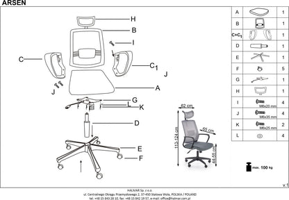 Office Chair West Aviemore | size: Width: 62cm, Height: 124cm, Depth: 65cm | color: Gray | image: 10 | variant: 1007103