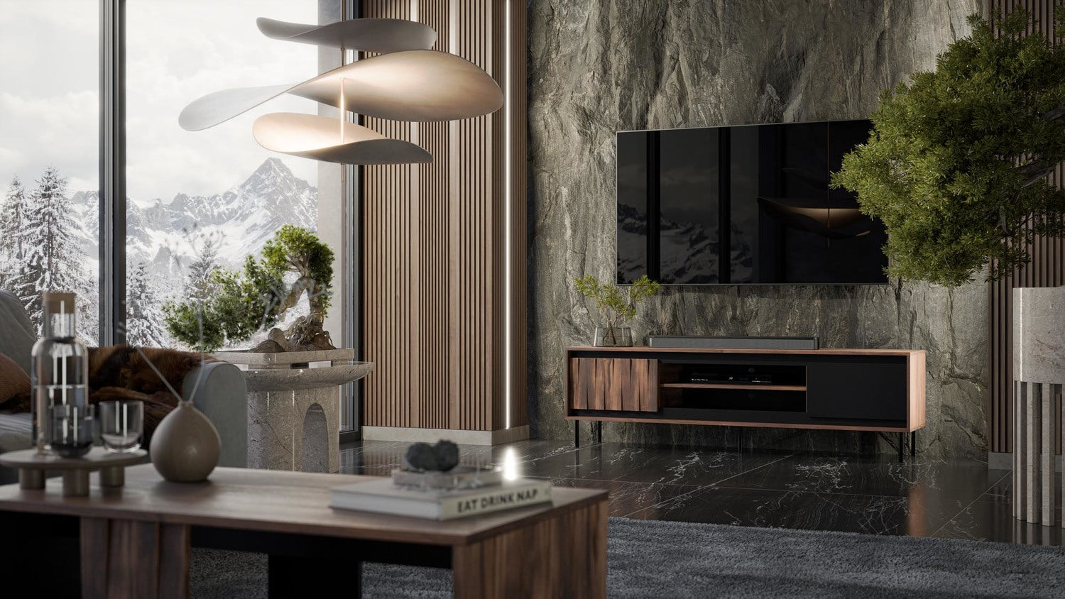 TV Table Swing | size: Length: 40cm, Width: 180cm, Height: 53cm | color: Brown/Black | image: 2 | variant: 1017866