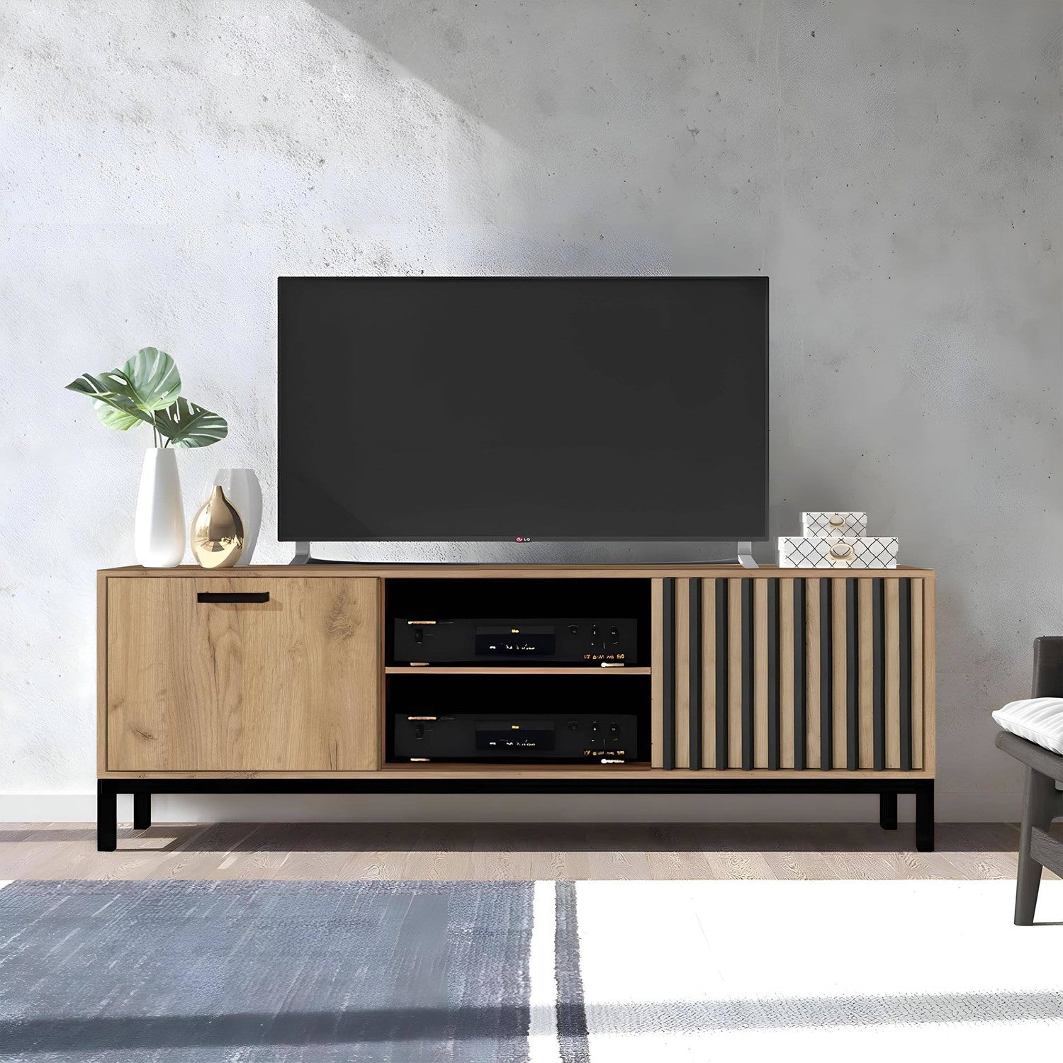 TV Table West Jonava | size: Length: 40cm, Width: 180cm, Height: 48cm | color: Black/Oak | image: 2 | variant: 1007580