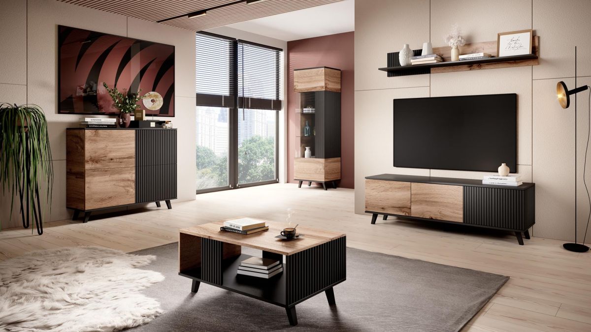 Wall Shelf Random P-2 | size: Length: 20cm, Width: 180cm, Height: 25cm | color: Black/Oak | image: 2 | variant: 1012413